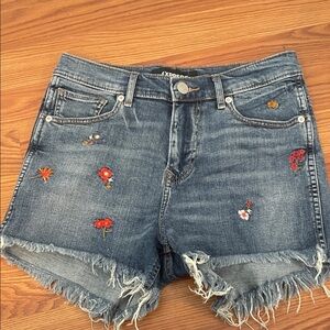 Express Women's Distressed Blue Jean Shorts with Floral Accents